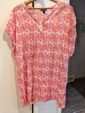 Tahari Pink & Coral Printed V-Neck Swim Coverup